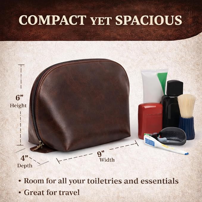 Genuine Leather Toiletry Bag for Men & Women, Leather Makeup Bag, Travel Dopp Kit Organizer with YKK Zipper, Handmade Cosmetics Case for Toiletries & Makeup (9 x 6 x 4 Inch)
