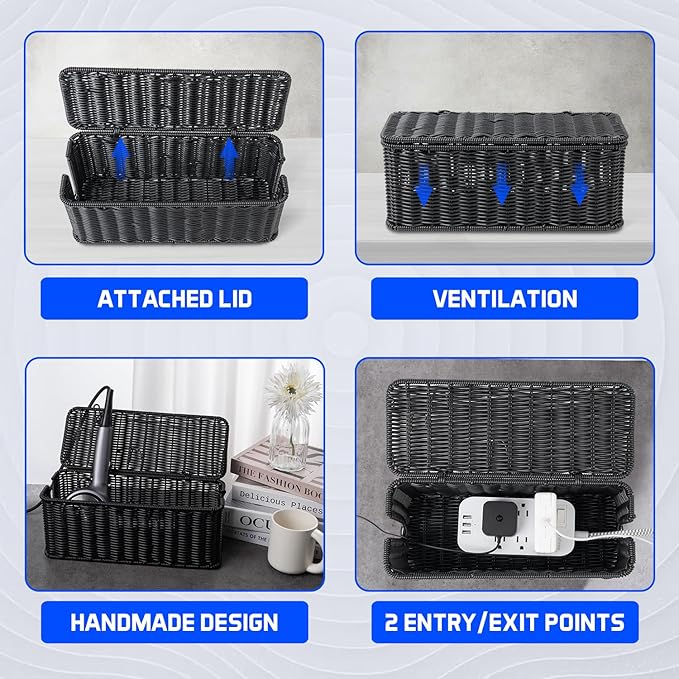 Cable Management Box, Handmade Rattan Cable Organizer with 2 Open Slots, Cord Hider for Power Strip, Router & USB Hub, Registered U.S. Design Patent (D1,112,102), 13" x 5.1" x 5.1", Black
