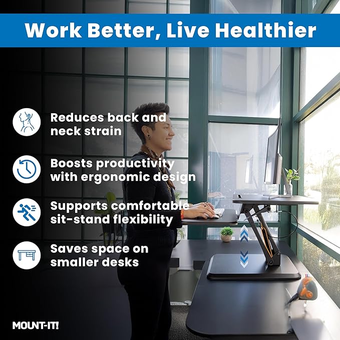 Mount-It! Standing Desk Converter, Compact 25" Sit Stand Desk Riser with Gas Spring Lift, Adjustable Height Desktop Riser for Laptop, Monitor, and Keyboard, Small Home Office Desk Converter