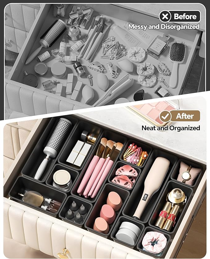 Canfanni 13 Pack Plastic Drawer Organizers Set, 3 Sizes Desk Drawer Organizer Trays for Vanity and Makeup Organizer, Organization and Storage for Makeup, Kitchen Utensils, Bathroom and Office(Black)