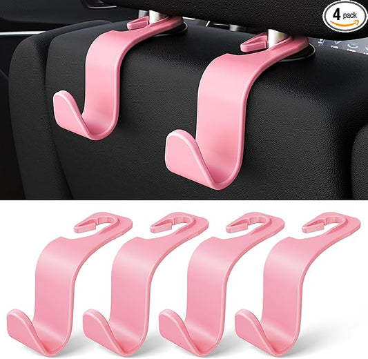 Amooca Car Seat Headrest Hook 4 Pack Hanger Storage Organizer Universal for Handbag Purse Coat Universal fit Vehicle Car Pink with Clip