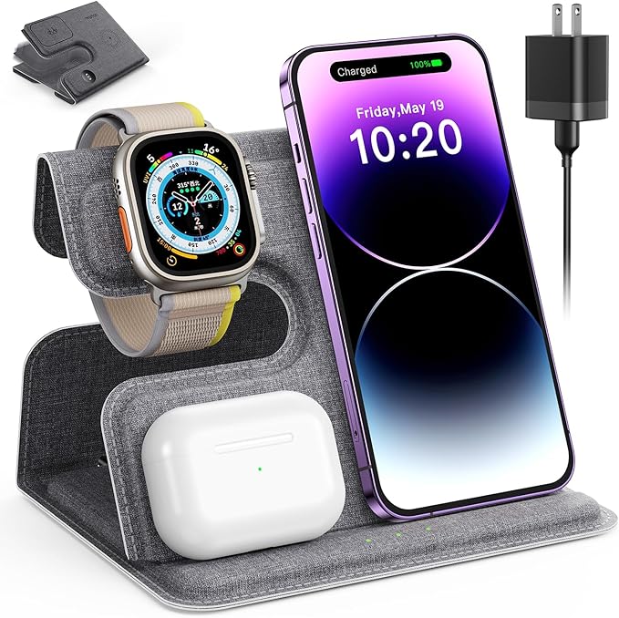 3 in 1 Charging Station for Apple, Charging Station for Multiple Devices for Apple, Wireless Charger for iPhone 17 Air 16e16 15 14 13 12 11 X 8 Series, for Apple Watch, for AirPods(Foldable)