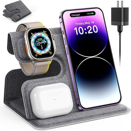 3 in 1 Charging Station for Apple, Charging Station for Multiple Devices for Apple, Wireless Charger for iPhone 17 Air 16e16 15 14 13 12 11 X 8 Series, for Apple Watch, for AirPods(Foldable)
