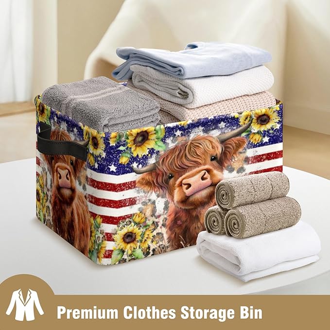 Patriotic American Cow Highland Storage Bins Oxford Fabric Storage Basket for Shelves for Organizing Closet Shelf Nursery Toy with Handles 10 x 14 x 8 inches