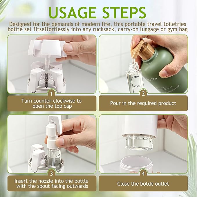 4 in 1 Travel Dispenser Bottle, 4 Pack 30ml Portable Leakproof Rotatable Travel Dispenser Set with Label, Suitable for Storing Shower Gel, Shampoo, Laundry Detergent, for Travel, Camping (White)
