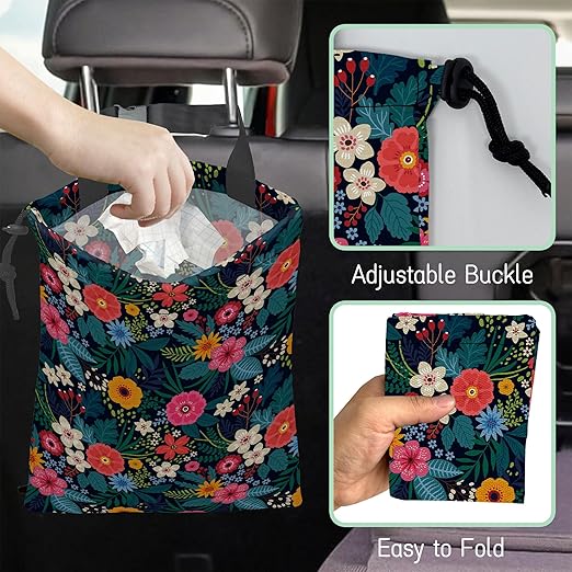 Colorful Flowers Car Garbage Bag,Waterproof Small Car Trash Bag Hanging Back of Seat,Drawstring Hanging Car Trash Bag with Adjustable Buckle for Car Accessories