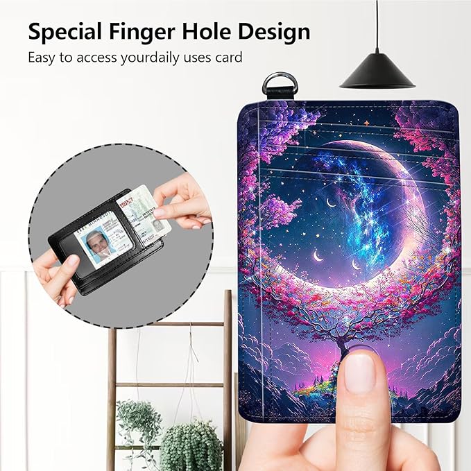 Slim RFID Blocking Card Holder Wallet with Wrist Strap - Minimalist Front Pocket Wallet, Trees Surround the Moon Design, PU Leathe, for Men & Women, Ideal for Travel & Gifts