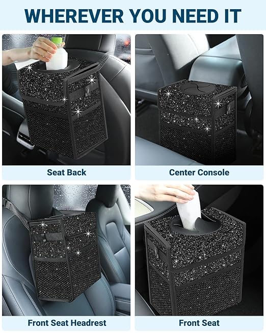 Capolo Car Trash Can with Lid, Leakproof Car Trash Bag Hanging Waterproof Automotive Garbage Can with Storage Pockets Mini Vehicle Trash Bin for Back/Front Seat(Sparkly Black,2.5 Gallon)