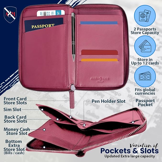 ALLEN & MATE 100% Leather Passport Holder for Travel RFID Blocking Passport Wallet for Men & Women - Zippered Compact Travel Document Organizer Fits Passport, Cash, Cards, SIM, ID and Tickets