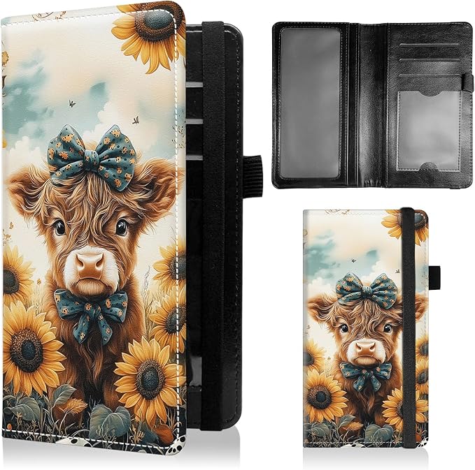 Check Book Cover for Personal Checkbook with Duplicate Checks for Women's & Men PU Leather Wallets Check Book Holder with Pen Card Slots Elastic Strap,Highland Cow Sunflowers