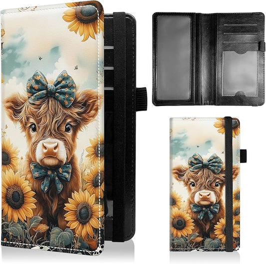 Check Book Cover for Personal Checkbook with Duplicate Checks for Women's & Men PU Leather Wallets Check Book Holder with Pen Card Slots Elastic Strap,Highland Cow Sunflowers