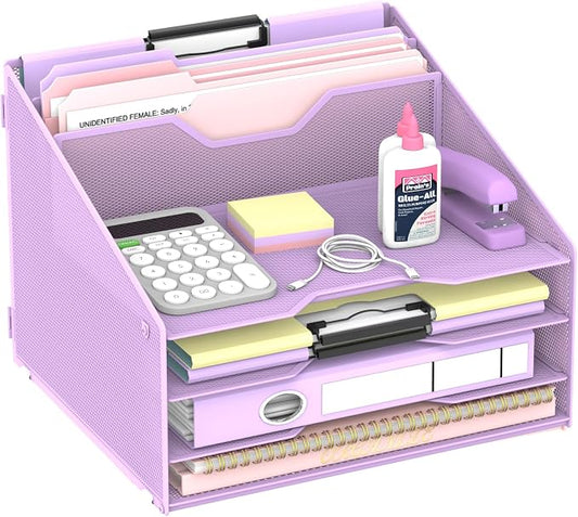 Desk File Organizer, 4 Letter Trays and 2 Upright Sections, Purple | Paper organizer for desk with tiered letter trays and upright file sections for home office, school and workspace use