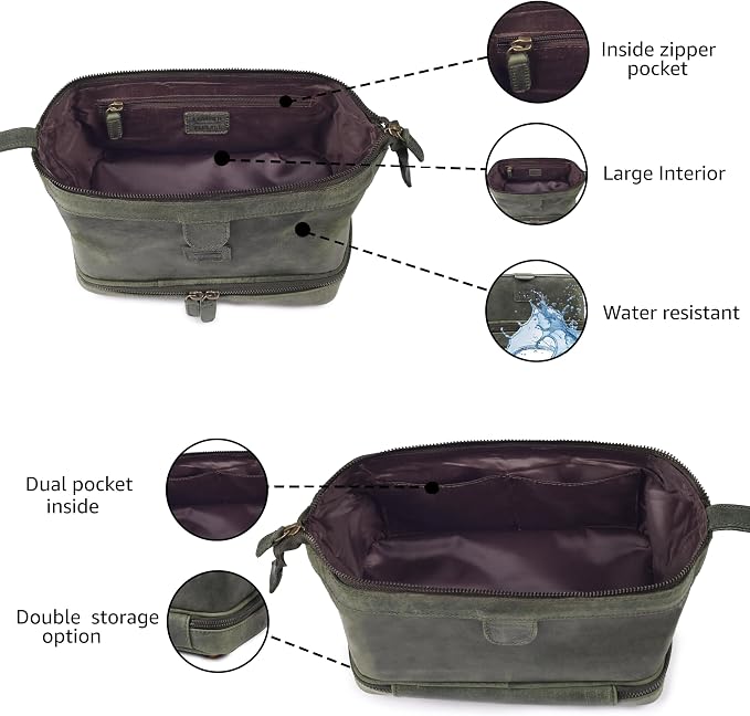 LEATHER VILLAGE Genuine Leather Dopp Kit – Large Travel Toiletry Bag with Waterproof Lining, Dual-Zip Design for Men & Women, Organizer for Shaving, Makeup & Essentials - Olive