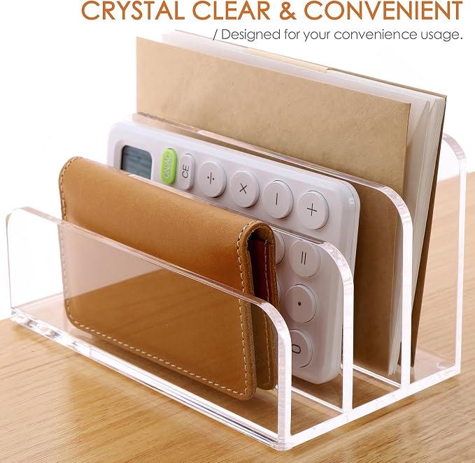 SANRUI 3 Compartments Mail Organizer Letter Holder for Desk ,Vertical Letter Holder,File Sorter Acrylic Desk Organizer Office Supplies,Clear