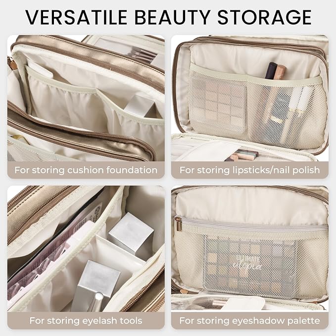 Travel Makeup Bag Women's Large Capacity Cosmetic Portable Organizer Large Opening Waterproof Storage Toiletry Bags Vertical Free-Standing Brush Holder for Easy Access Copper