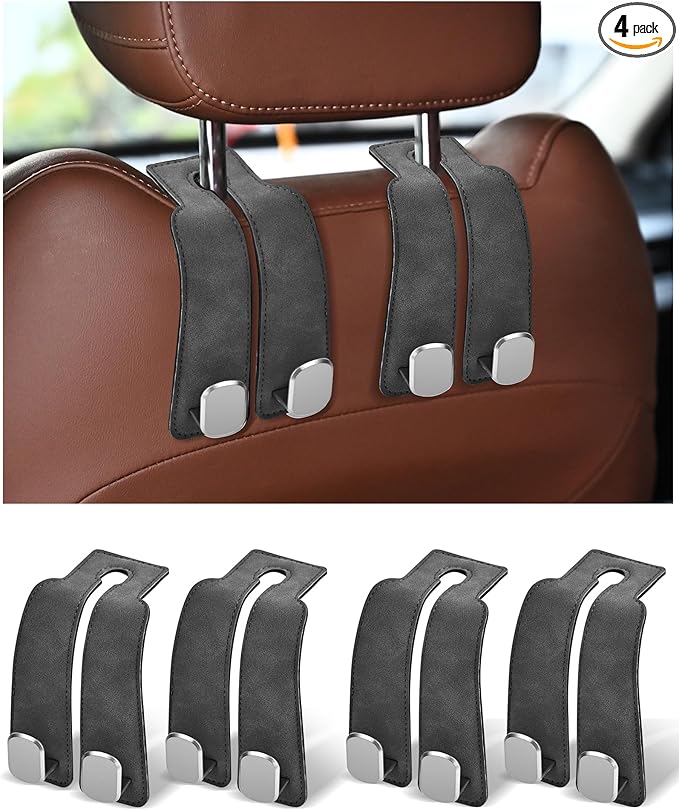 Headrest Hooks for Car, 4 Pack Car Seat Back Organizer Storage Hook, Double Hook Car Seat Hooks for Hanger Purses and Bags, Leather Purse Holder for Car, Grey