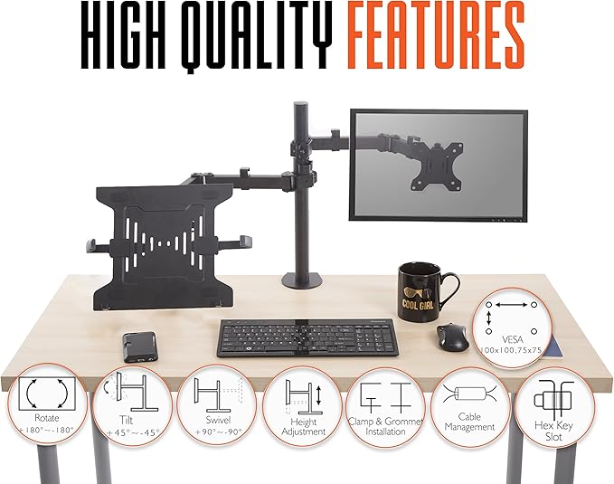 Stand Steady Monitor Mount + Laptop Stand | Height Adjustable Monitor and Keyboard Stand with Full Articulation and Desk Clamp Or Grommet | VESA Mount 13-32 inches (Arm + Laptop Clamp)