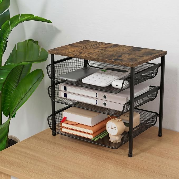 4-Tier Mesh Desk Organizer with Drawer Wooden Top Desktop Organizers File Holder Letter Tray Supplies Paper Organizer Home Office Accessories Black