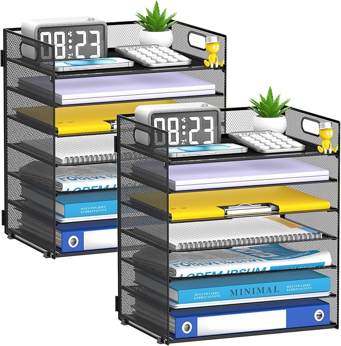 2 Pack 7 Tier Paper Organizer - Mesh Desktop File Holder with Handles for Office School Desk, Black