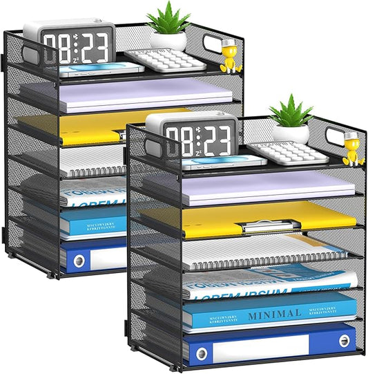 2 Pack 7 Tier Paper Organizer - Mesh Desktop File Holder with Handles for Office School Desk, Black