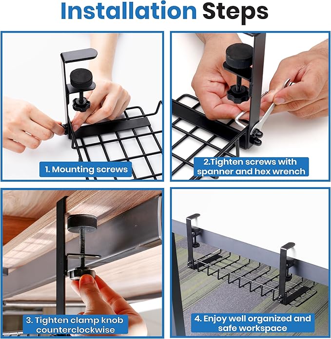 Under Desk Cable Management Tray, 16” No Drill Cord Organizer with Clamps for Wire Management, 4mm Sturdy Wire Desk Cable Organizer Tray, Cable Management Rack for Home & Office (Pack of 2)
