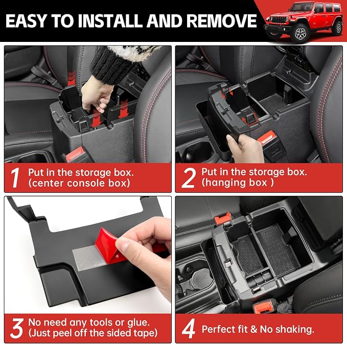 Center Console Hanging Organizer for 2018-2025 Jeep Wrangler JL JLU 4XE/Gladiator JT Center Console Armrest Box Storage Tray for Wrangler&Gladiator(Hanging+Center Console Armrest Organizer)