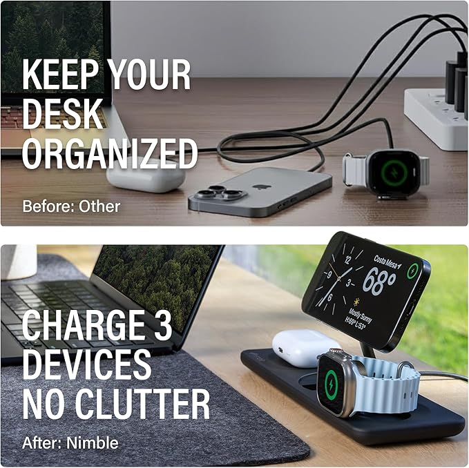 Nimble Podium 3-in-1 Wireless Charging Station for Apple, Qi2-Certified 15W Magsafe Charger Stand, Wireless Charger for iPhone 17 16 15 14 13 - Apple Watch - Airpods Series (Charger & USB-C Included)