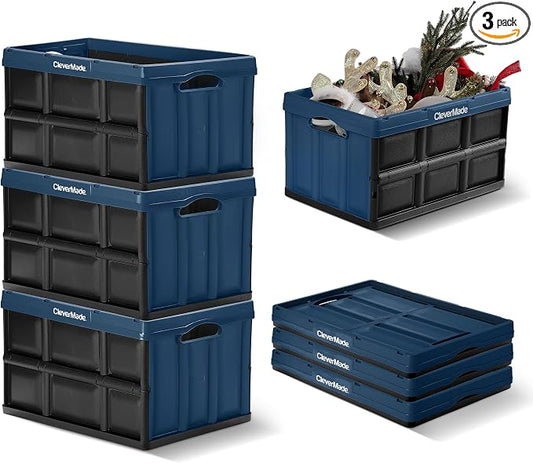 CleverMade Collapsible Storage Bins 46L (3-Pack) – Heavy Duty Collapsible Plastic Storage Bins, Stackable Folding Storage Bins for Car, Garage, Home Organization - Foldable Bins, Ocean