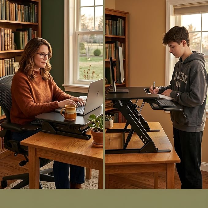 Standing Desk Converter 36 x 24 Inches - Height Adjustable Sit to Stand Riser with Keyboard Tray, Ergonomic Workstation for Home Office, Black