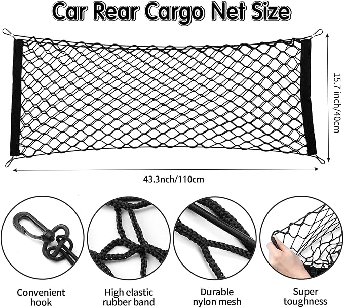 Tallew 2 Pcs Car Rear Cargo Net, Adjustable Elastic Mesh Cargo Net, 3 Pocket Heavy Duty Trunk Bed Storage Organizer, Universal for Car SUV Vehicle Pickup Truck with Accessories(43.3 x 15.7 Inches)