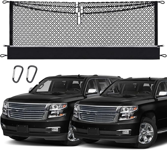3-Layer Cargo Net for Chevrolet Suburban, GMC Yukon XL 2015-2020, Zipper Bag Trunk Net for SUV, Heavy Duty Oxford Cargo Organizer Storage Nets with Carabiners