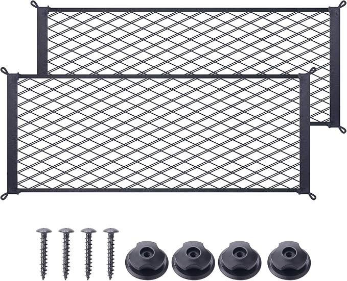 2 Pcs Universal Stretch Mesh Car Mesh Bag with Screws and Hooks for Trunk RV Boats Home Cargo Storage (23.6'' x 9.8'')