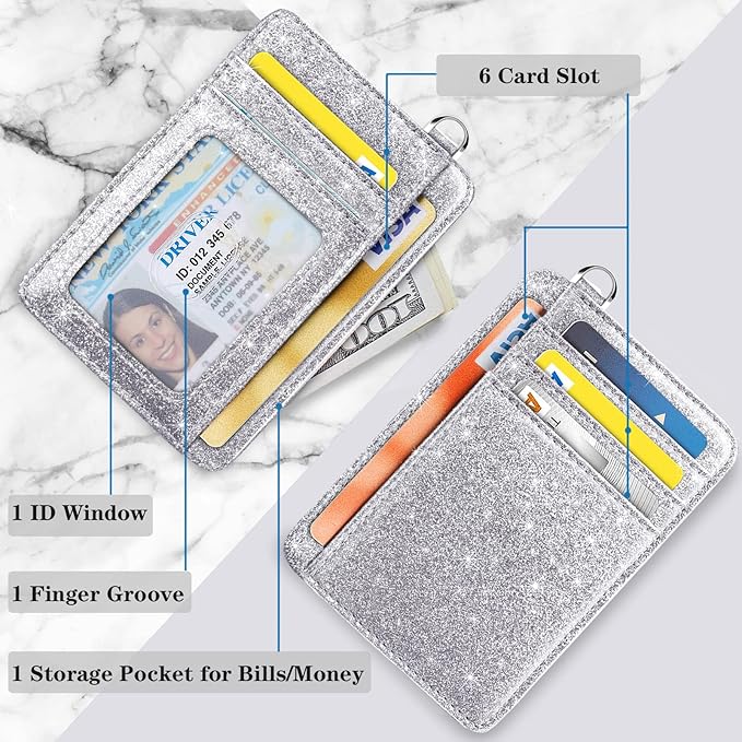 Coco Rossi Slim Front Pocket Wallet RFID ID Card Holder Cute Small Wallet with Keychian for Women,Silver Glitter