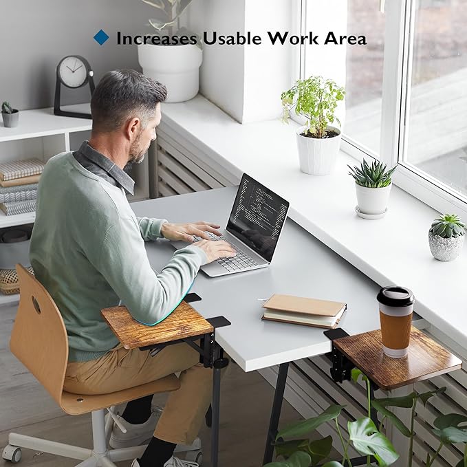 BONTEC Ergonomic Desk Extender Tray, 9.5"x9.1" Table Mount Arm Wrist Rest Shelf, 90° Foldable Elbow Support, Clamp on Computer Arm Rest for Desk, Office & Home Use, Durable & Easy to Install