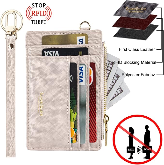 Wikavanli Women Slim Rfid Blocking Credit Card Case Holder Wristlet Zip ID Case Wallet Small Compact Leather Wallet Coin Purse with Keychain(Light Sand)
