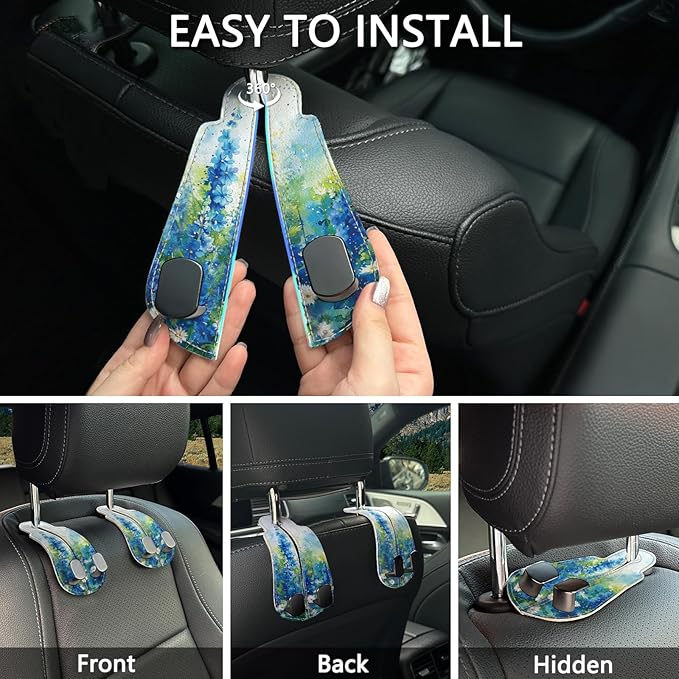 Blusabaca 2PCS Car Seat Back Storage Headrest Hooks, Floral Blue Purse Holder Bags Hanger, PU Leather Double Metal Hook for Backseat Organizer, Women Car Accessories Organization
