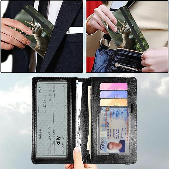 Checkbook Cover for Women & Men, RFID Blocking Personal PU Leather Checkbook Check Book Holder Wallet with Elastic Tape & Credit Card Slot,Deer Tree In Woodland