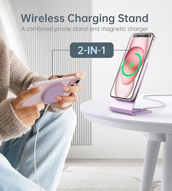 Magnetic Wireless Charger for iPhone 17/16/15/14/13/12 - Mag Charger+20W USB C Adapter, Fast Wireless Charging Stand/Pad with 5ft Cable for iPhone 17/16/15/14/13/12 Pro Max Plus Mini 17 Air, Pink