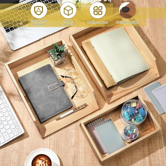 Beeveer 3 Pcs Wooden Letter Tray Stackable Document Desk Letter Tray 3 Layer Desktop Paper Organizer Heavy Duty 3 Tier Support Tabletop Inbox Drawer File Folder Back to School Office Home(Light Brown)