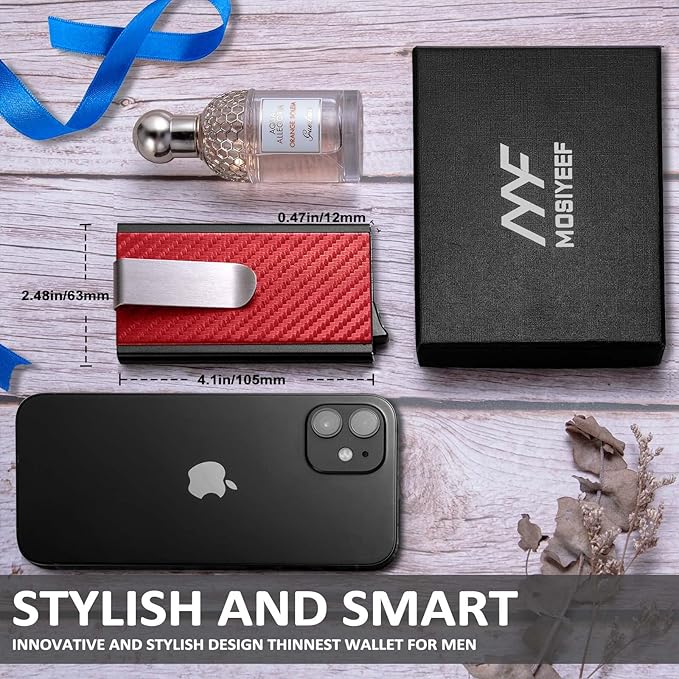 MOSIYEEF Minimalist Wallet for Men, RFID Blocking Card Wallet for Men, Card Holder with Money Clip with Leather Wrapped, Slim Front Pocket Automatic Pop Up Wallet Gifts for Men, Passion Red