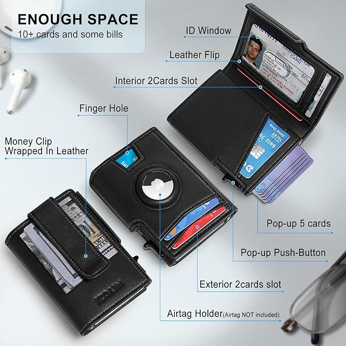 miyozi Airtag Wallet for Men,with Money Clip 10 Cards Metal Case Smart Slim Pop Up Credit Card Holder Flip with Magnetic Closure RFID Blocking wallet with Gift Box