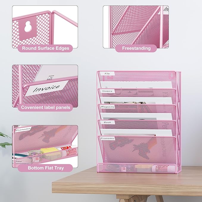 EasyPAG 5 Tier Wall File Holder, Mesh Hanging Folder Organizer with Classify Label, Versatile Desk File Holder, Vertical Wall Mounted Mail Organizer for Office Home Cubicle, Pink