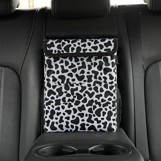 AOKJOY Car garbage can with lid Leak Proof Vehicle Trash Can 3 Storage Pockets Hanging Waterproof car trash bag for suv cow
