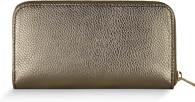 Italian Genuine Metallic Leather Wallet for Women with 3 Compartments & Zip Close | Small Rectangular Card Holder (Bronze)