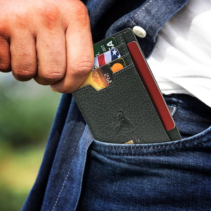 BULL GUARD Mens RFID Blocking Leather Slim Card Case Wallet with Easy Access ID windows, Cash & Card Slots, Crafted with Premium Top Grain Leather Ideal for Travel or Everyday Use (Wild Buffalo Green)