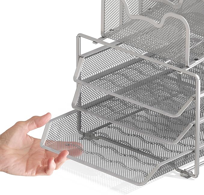 Simple Houseware Desk Organizer with 3 Sliding Tray and 5 Stacking Sections, Silver