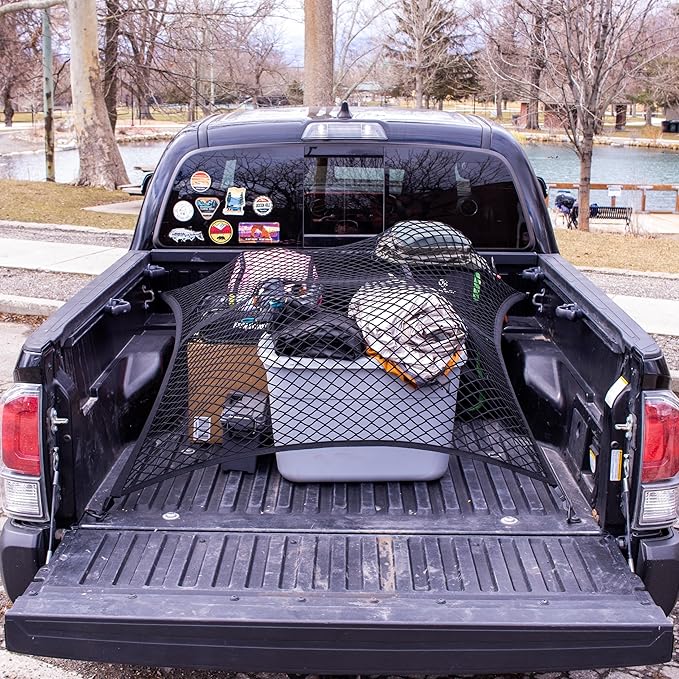 Highly Elastic Cargo Net, Simple Truck Bed Cargo Mesh Organizer, Suitable for Daily Light Loads of Trucks, 4'x4' Stretches to 7'x7' (Double Layer)