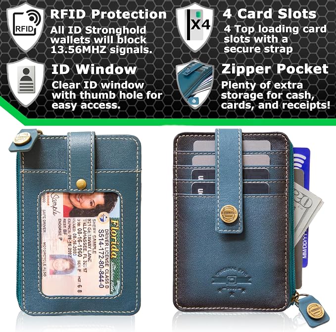 ID Stronghold RFID Blocking Front Pocket Wallet – Slim Minimalist Genuine Leather Wallet with Zipper Coin Pocket (Mega Blue)