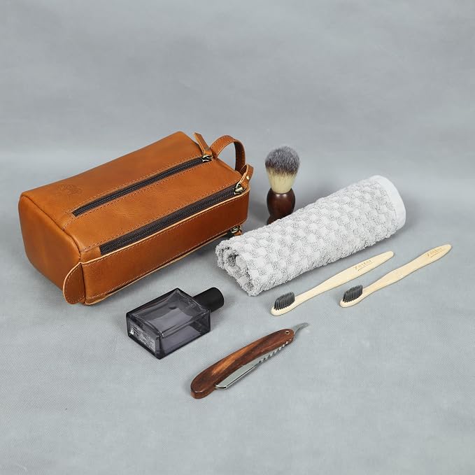 Toiletry Bag for Men – Premium Leather Dopp Kit | Durable Travel Shaving Bag | Stylish Cinnamon Brown Organizer | Compact, Waterproof & Gift-Ready