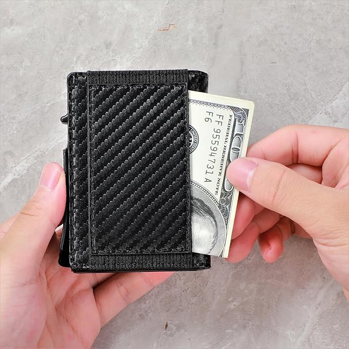Minimalist Pop Up Wallet for Men | RFID Blocking Credit Card Holder Wallet with Money Clip | Mens Wallet Slim Bifold Front Pocket Metal Case with Gift Box (Premium Carbon Fiber Leather)